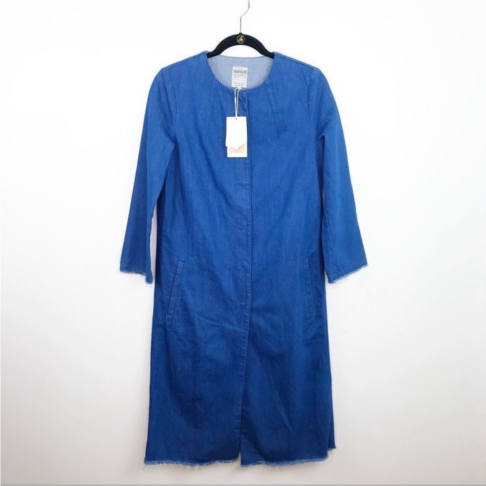 ZARA Blue Jean Jacket longline collarless denim duster small - Picture 7 of 13